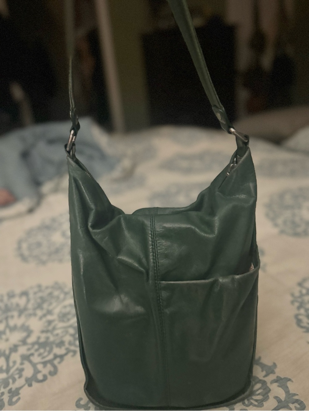 HOBO Forest Green Leather Shoulder Hobo with Front Slip Pocket